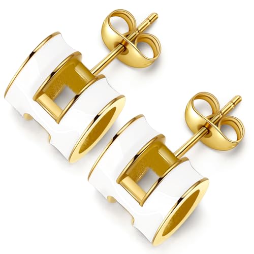 H Ohrringe Damen, 18K Vergoldete Ohrringe Titanstahl Ohrstecker Gold, CC Ohrringe Gold Damen Dupe Ohrringe Geschenke für Mama, Goldene Ohrringe Dupes Schmuck Geschenke für Frauen Valentinstag, Weiß von Berry Only