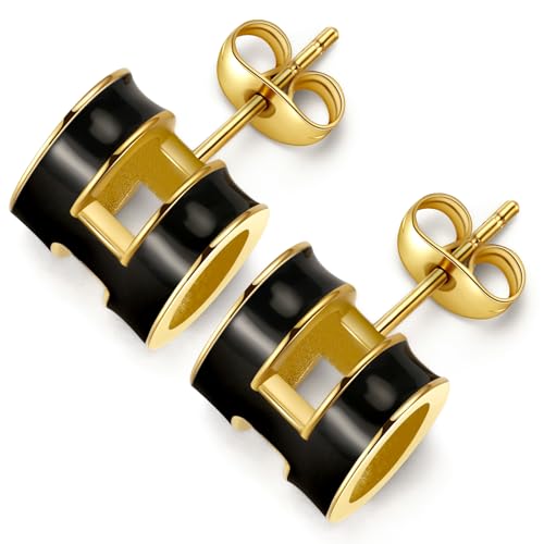 H Ohrringe Damen, 18K Vergoldete Ohrringe Titanstahl Ohrstecker Gold, CC Ohrringe Gold Damen Dupe Ohrringe Geschenke für Mama, Goldene Ohrringe Dupes Schmuck Geschenke für Frauen Valentinstag, Schwarz von Berry Only