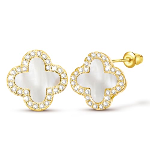 Kleeblatt Ohrringe Gold, Kleeblatt Goldene Ohrringe Damen Weiße Muschel, Ohrstecker Gold mit Mini Zirkon, Ohrstecker Schmuck Damen Geschenke für Frauen Geburtstage Jahrestag Weihnachten Kleeblatt Ohrringe Gold, Kleeblatt Goldene Ohrringe Damen Weiße Muschel, Ohrstecker Gold mit Mini Zirkon, Ohrstecker Schmuck Damen Geschenke für Frauen Geburtstage Jahrestag Weihnachten von Berry Only