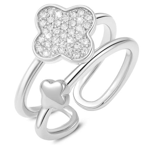 Kleeblatt Ringe Silber, Kleeblatt Ring Silber 925 Damen, Ring Damen mit Cubic Zirkonia, Vierblättriges Offene Doppelte Ringe, Schmuck Silber Vierblättriges Schmuck Geschenke für Frauen Valentinstag von Berry Only