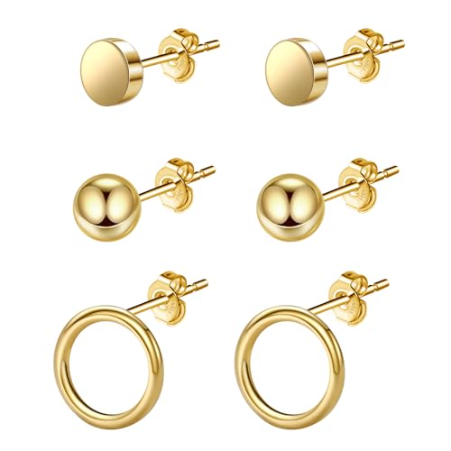 Ohrringe Gold Set, Hypoallergen Ohrringe Damen Gold, Wasserfeste Goldene Ohrringe Damen, 3 Paar Ohrringe für Mehrere Ohrlöcher, Klein Ohrstecker Gold Damen Geschenke für Frauen und Mädchen von Berry Only