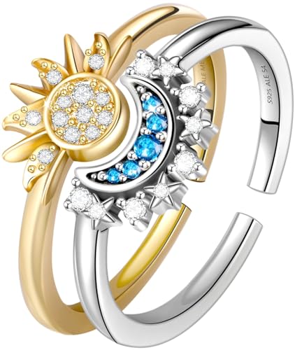 Verstellbar Sonne Mond Ring Set, Ringe Frauen Silber 925, Himmlische Sonne Ring Gold und Mond Ring Silber Matching Rings, Sun and Moon Ring Set Damenring Dupes Schmuck Geschenk für Frauen Muttertag von Berry Only