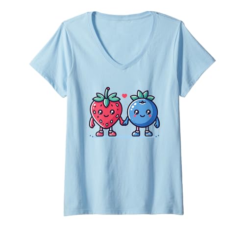 Damen Erdbeere und Heidelbeere Hände halten – süße Früchte T-Shirt mit V-Ausschnitt Damen Erdbeere und Heidelbeere Hände halten – süße Früchte T-Shirt mit V-Ausschnitt von Berry Sweet Friends