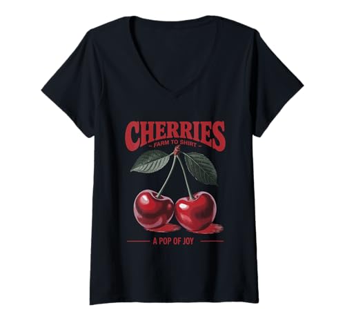 Damen Cherries A Pop of Joy vom Bauernhof zum Markt im Vintage-Stil T-Shirt mit V-Ausschnitt von BerryBunch