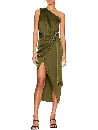 BerryGo Damen 2023 Satin One Shoulder Geraffte Formale Midi Kleid Ärmellos Bodycon Knoten Gürtel Wrap Cocktailkleid mit Schlitz, Olivgrün, Groß von BerryGo