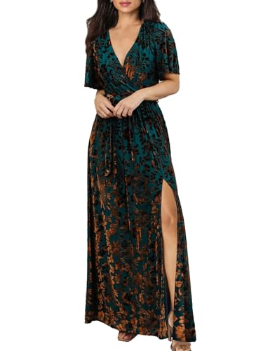 BerryGo Damen Boho V-Ausschnitt Rüschen Floral Wrap Maxikleid, Y-Samt-Blumendruck, grün (Faux Wrap), 38-40 von BerryGo