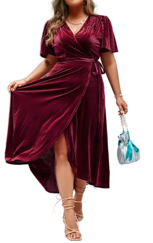 BerryGo Damen Boho V-Ausschnitt Rüschen Floral Wrap Maxikleid, Z-velvet Plus Size Weinrot, 52 Mehr von BerryGo