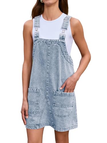 BerryGo Damen Denim Ärmellos Overall Tank Top Kleid Casual Mini Pinafore Kleid Kurzes Pulloverkleid mit Tasche, Demin Weiß / Blau, Large von BerryGo