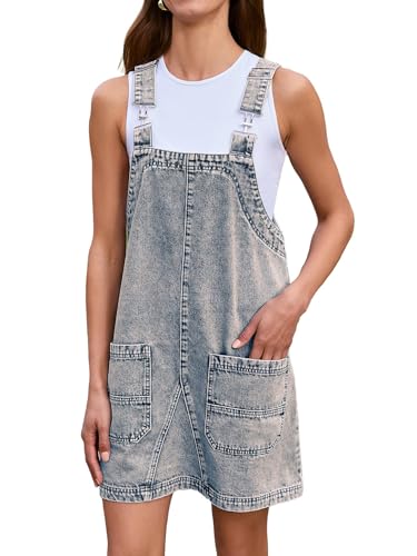 BerryGo Damen Denim Overall Kleid Jeans Ärmellos Mini Latzhose Verstellbare Träger Overall Kleid mit Tasche, Demin Wash, Blau, Medium von BerryGo
