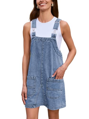 BerryGo Damen Denim Overall Kleid Jeans Ärmellos Mini Latzhose Verstellbare Träger Overall Kleid mit Tasche, Demin Hellblau, Medium von BerryGo