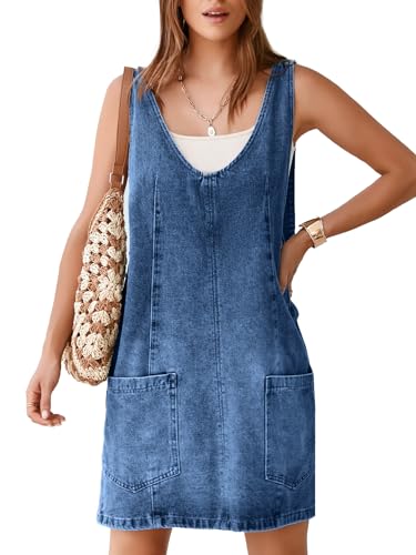 BerryGo Damen Denim V Ausschnitt Ärmellos Overall Kleid Casual Mini Latzkleid Kurz Pullover Jeanskleid mit Tasche, Denim Blau, X-Groß von BerryGo