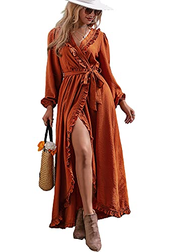 BerryGo Damen Herbst Brautjungfer Langarm Wrap Rüschen Gürtel Kleid Boho Umstandskleid Maxikleid für Hochzeitsgäste, L Langarm-Rüschen, Ziegelrot (Kunstwickel), 34-36 von BerryGo