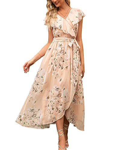 BerryGo Damen Hochzeitsgast Rüschen Maxikleid Wrap Umstandskleid V-Ausschnitt Brautjungfer Langes Flowy Partykleid Aprikose S, B-floral-aprikose, Klein von BerryGo
