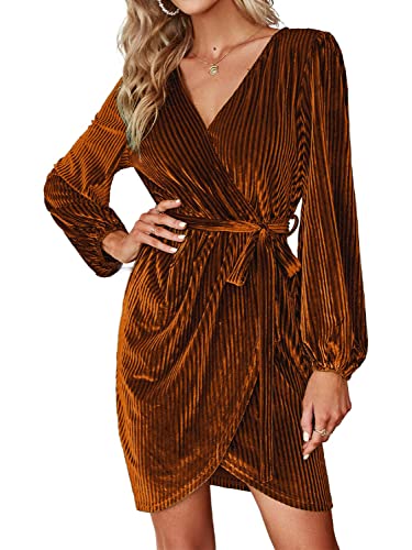 BerryGo Damen Langarm Wrap Semi Formal Samt Minikleid Sexy Cocktail Party Winter Club Kleid, A-Samt, Burnt Orange (Faux Wrap), Mittel von BerryGo