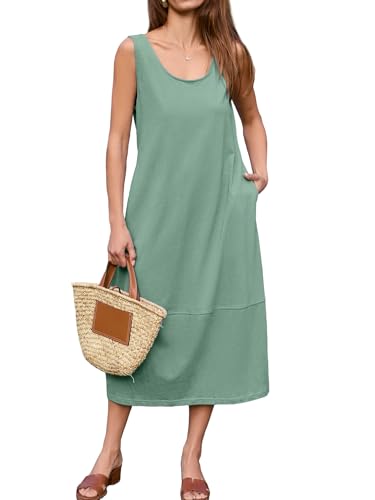BerryGo Damen Lose Casual Midi Baumwolle Kleider Sommerkleid Ärmellos Strand Sommer Trendy Tank Top Kleid mit Taschen, Grün , X-Groß von BerryGo