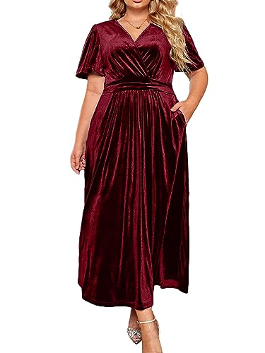 BerryGo Damen Plus Size Langarm Samt Midi Kleid Casual Velours Rundhals A-Linie Stufenkleider für Hochzeitsgast, Burgunder, X-Large Mehr von BerryGo