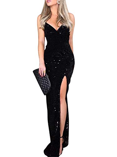 BerryGo Damen Sexy V-Ausschnitt figurbetont Pailletten Kleid Abendkleid mit Schlitz - Schwarz - Klein von BerryGo