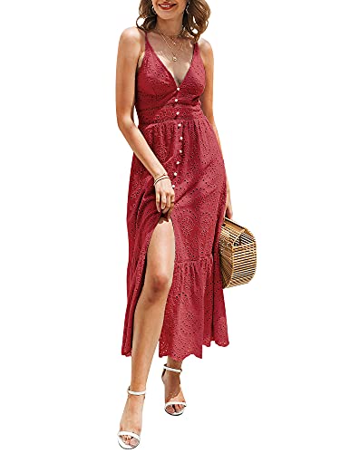 BerryGo Damen Stickerei Perlen Button Down Kleid V Ausschnitt Spaghettiträger Maxikleid, B-Wine Rot, 44 von BerryGo