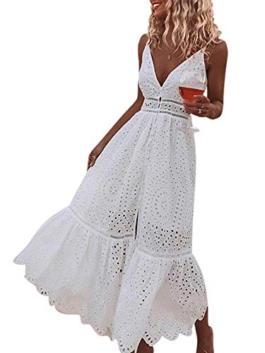 BerryGo Damen Stickerei Perlen Button Down Kleid V Ausschnitt Spaghettiträger Maxikleid - Weiß - 38-40 BerryGo Damen Stickerei Perlen Button Down Kleid V Ausschnitt Spaghettiträger Maxikleid - Weiß - 38-40 von BerryGo