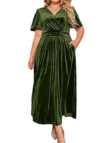 BerryGo Damenkleid, Übergröße, für Hochzeitsgäste, Samt, formelles Kleid, hohe Taille, Umstandskleid, Maxikleid, kurze Ärmel, V-Ausschnitt, Schlitzkleid, Olivgrün, X-Large Mehr von BerryGo