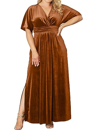 BerryGo Damen Übergröße Hochzeitsgast Samt Formelles Kleid Hohe Taille Mutterschaft Maxikleid Kurzarm V-Ausschnitt Schlitz Kleid, burnt orange, X-Large Mehr von BerryGo