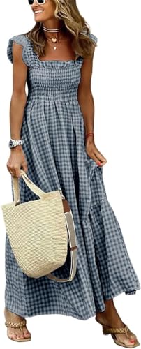 Berrynight Damen-Maxikleid im Retro-Stil, kariert, gesmokte Brust, Sommerkleid, Rüschen, Flügelärmel, Freizeitkleid, grau, L von Berrynight