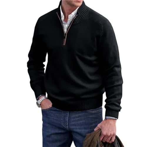 Herren Kaschmir Reißverschluss Basic Pullover, Viertel Reißverschluss Herren Pullover, gestrickte Herren Basic Crewneck Pullover, Schwarz , Large von Berrynight