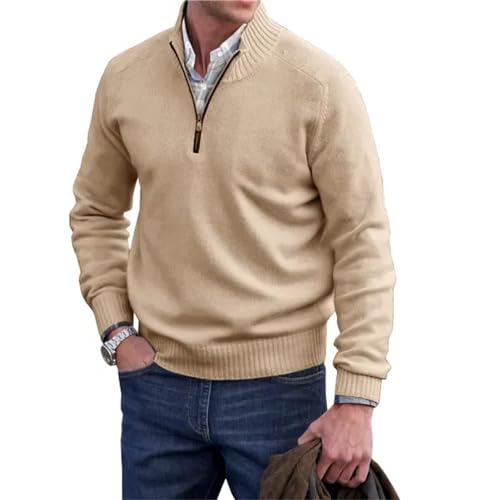 Herren Kaschmir Reißverschluss Basic Pullover, Viertel Reißverschluss Herren Pullover, gestrickte Herren Basic Crewneck Pullover, khaki, XXXXL von Berrynight