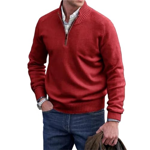 Herren-Pullover aus Kaschmir-Reißverschluss, Basic-Pullover mit Viertelreißverschluss, gestrickter Herren-Pullover mit Rundhalsausschnitt (Rot, Größe XL), rot von Berrynight