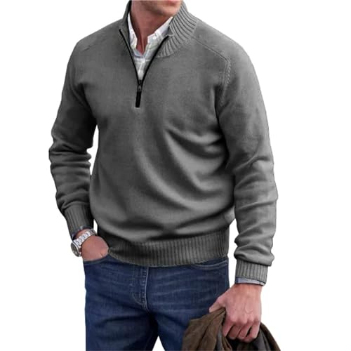Herren-Pullover mit Kaschmir-Reißverschluss, Herrenpullover, Strickpullover mit Rundhalsausschnitt (Gary, Medium), grau von Berrynight