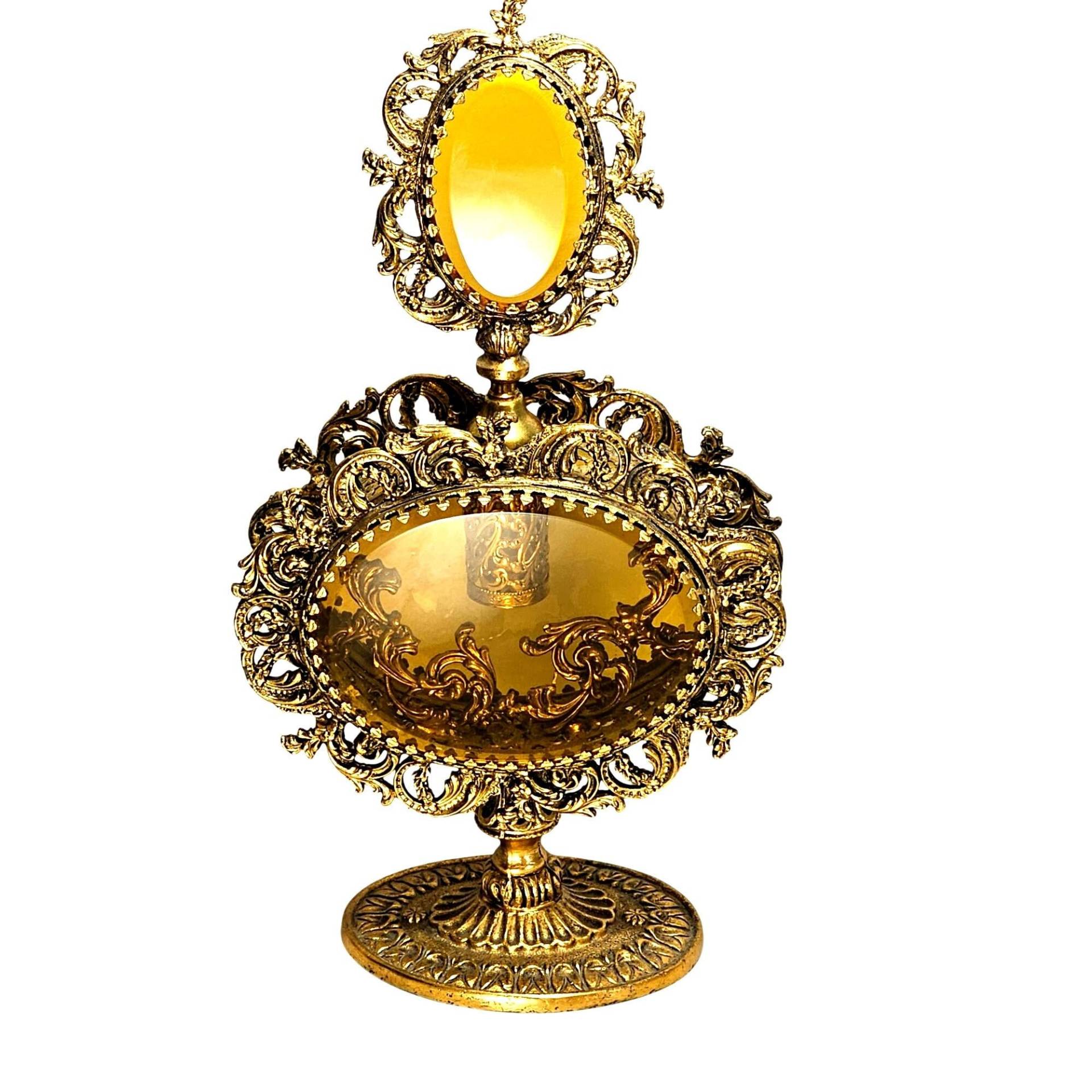 Mid Century Ormolu Filigree Parfüm Flasche 11 "Große Glas Dauber Vtg Regency 24Kt Vergoldet von BerrypatchCompany