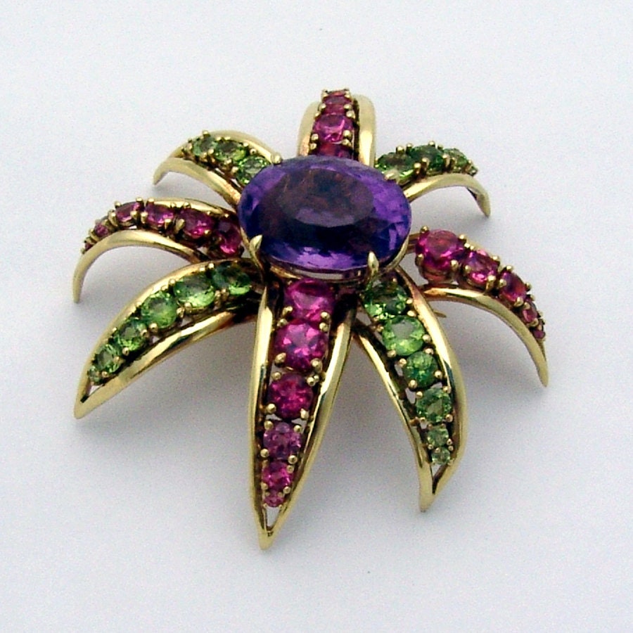 Amethyst Blüten Brosche Turmalin Peridot 18K Gold von BerrysGems