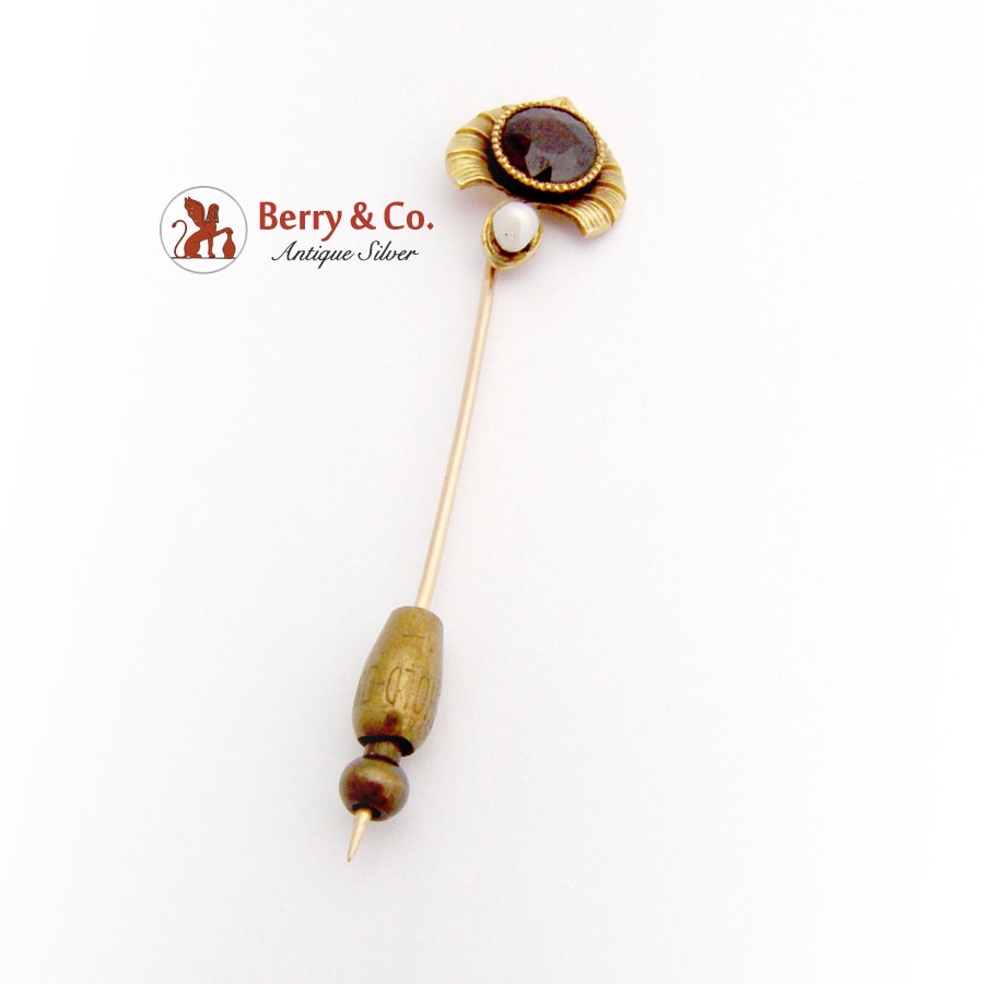 Antiker Rundschliff Granat Stick Pin Samenperle Akzent 10K Gold 1890 von BerrysGems