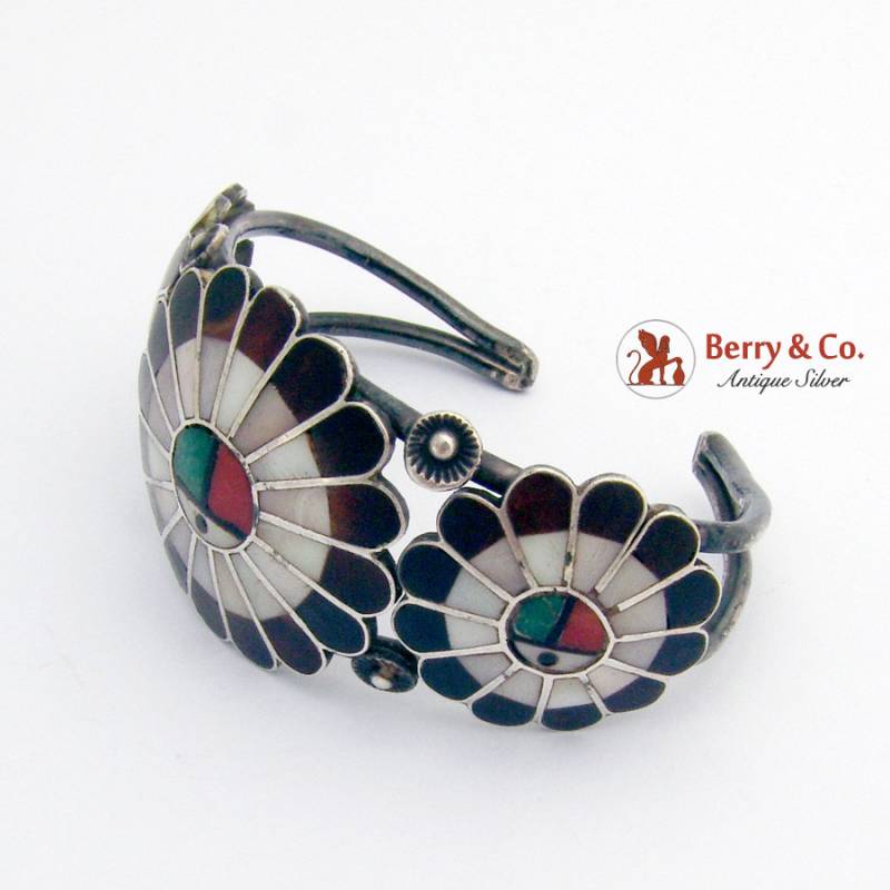Budion Eusteu Zuni Manschette Armband Multistone Inlay Sterling Silber 1960 von BerrysGems