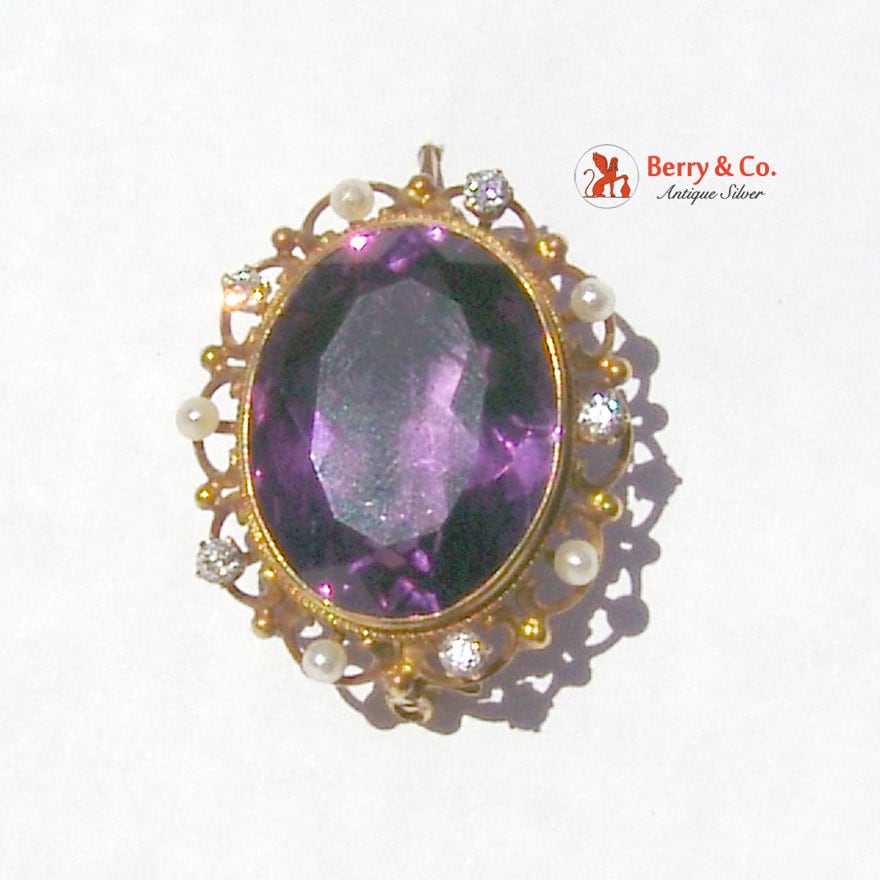 Große Amethyst Brosche Saatperlen Diamanten 14 Kt Gold Große Amethyst Brosche Saatperlen Diamanten 14 Kt Gold von BerrysGems