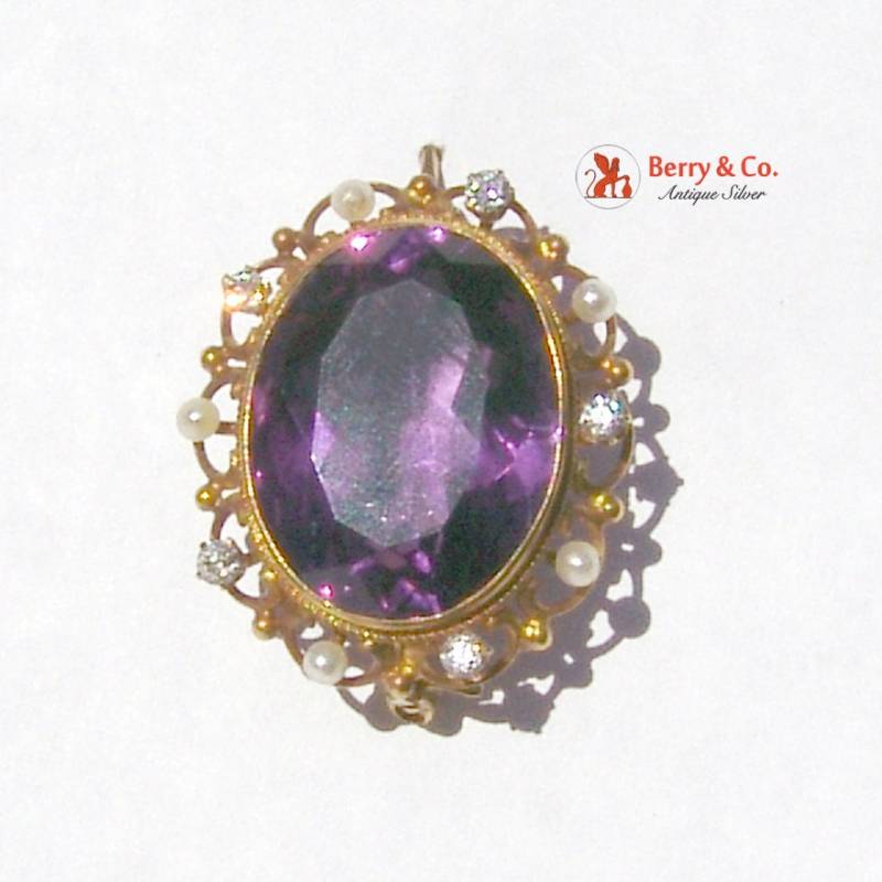 Große Amethyst Brosche Saatperlen Diamanten 14 Kt Gold Große Amethyst Brosche Saatperlen Diamanten 14 Kt Gold von BerrysGems