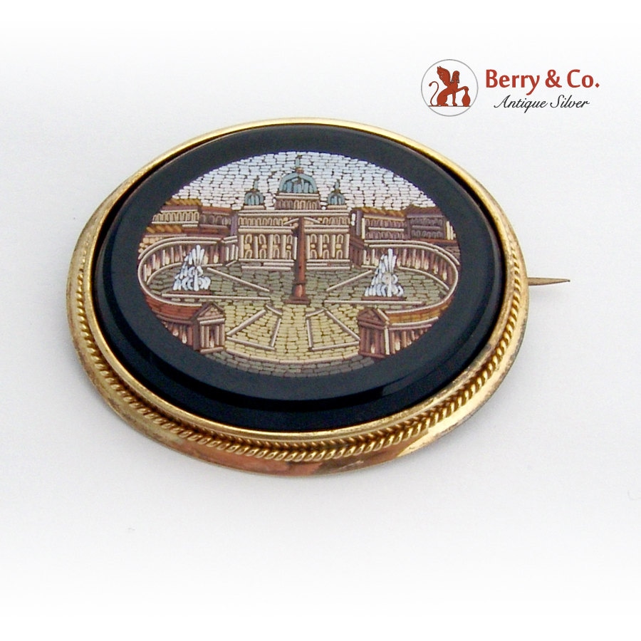 Große Antike Mikro Mosaik Onyx Brosche 14K Gelbgold Rahmen Große Antike Mikro Mosaik Onyx Brosche 14K Gelbgold Rahmen von BerrysGems