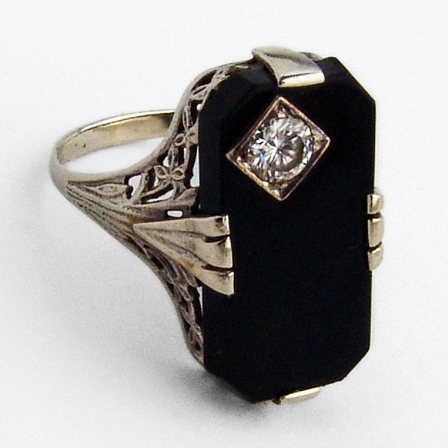 Lange Onyx Ring 14K Weißgold Diamant Akzent von BerrysGems