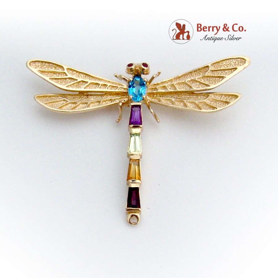 Multistone Figural Libelle Brosche Anhänger 14K Gelbgold Multistone Figural Libelle Brosche Anhänger 14K Gelbgold von BerrysGems