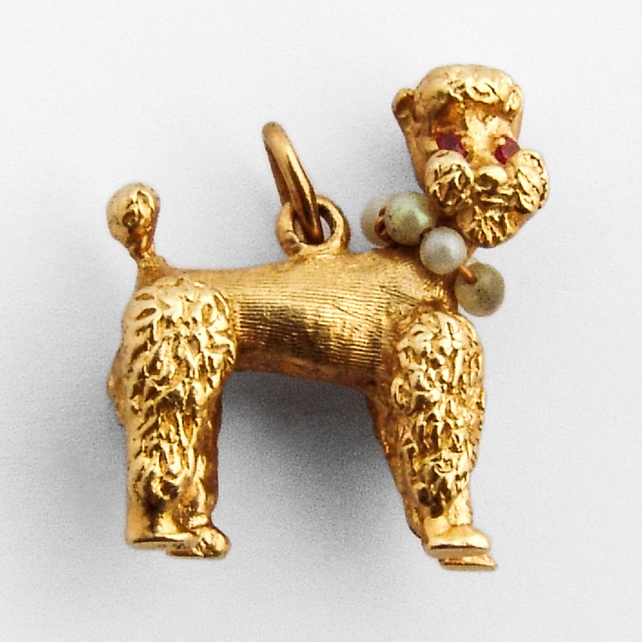 Pudel Charm Anhänger 14K Gelbgold Rubin Augen Rocailles von BerrysGems