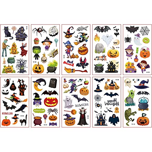 10Sheets Halloween Temporäre Tätowierungen, Kinder Cartoon Halloween Temporäre Tätowierungen, falsche Tattoo -Aufkleber -Abziehbilder, Halloween -Make -up -Aufkleber, gefälschte 3D -Tattoos von Berrywho