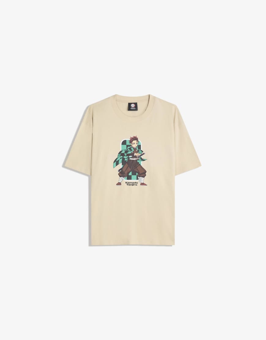 Bershka - Demon Slayer - Kurzärmliges T-Shirt in Camel-Neutral von Bershka