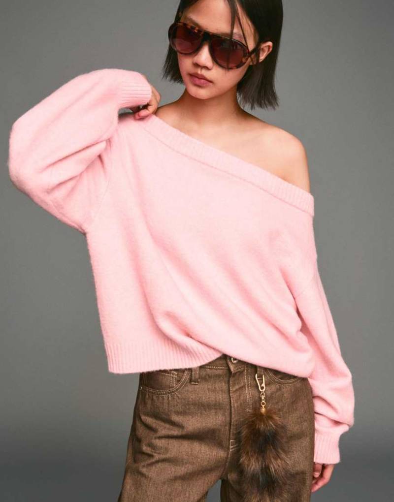 Bershka - Gerippter Pullover in Rosa mit Carmen-Ausschnitt von Bershka