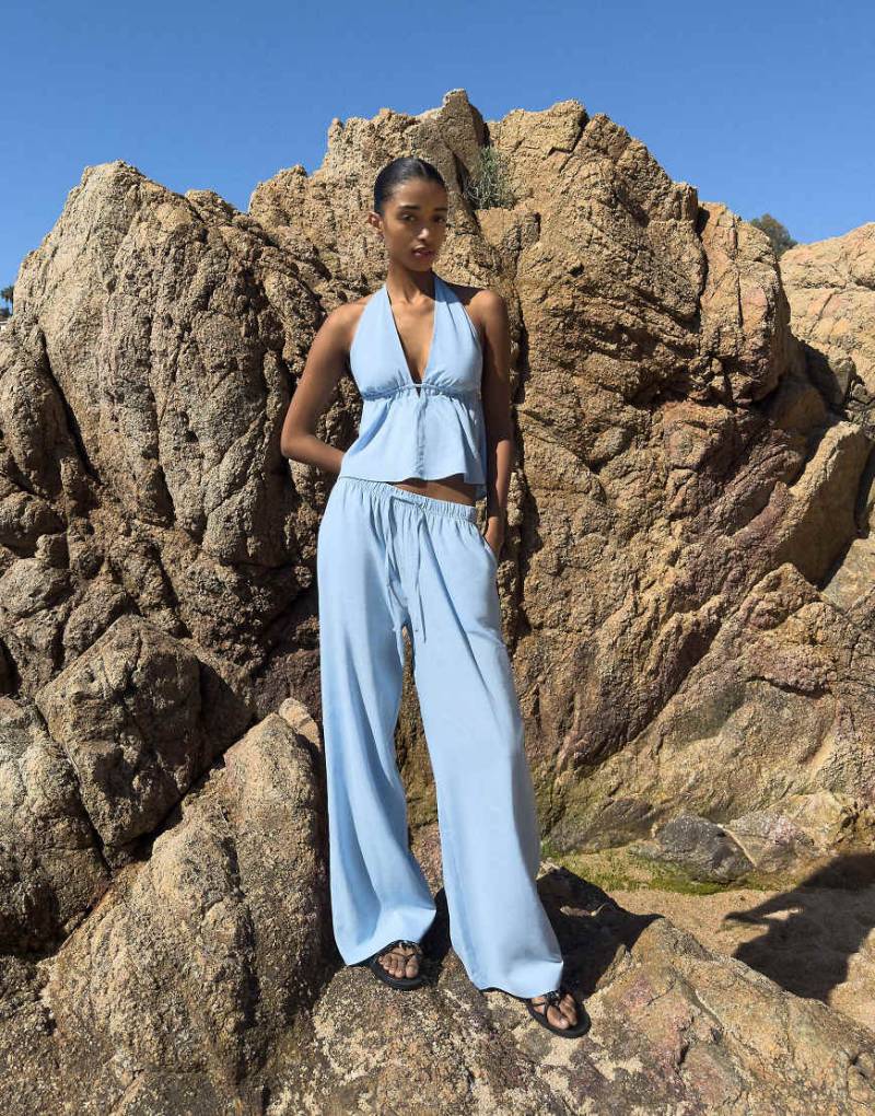 Bershka - Hose aus Leinenmix in Hellblau mit elastischem Taillenbund von Bershka