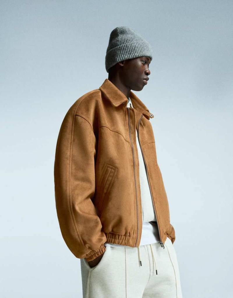 Bershka - Jacke aus Wildlederimitat in Beige-Neutral von Bershka