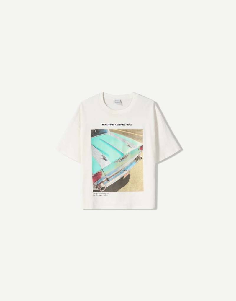 Bershka - Kurzärmliges T-Shirt in Weiß mit Print von Bershka