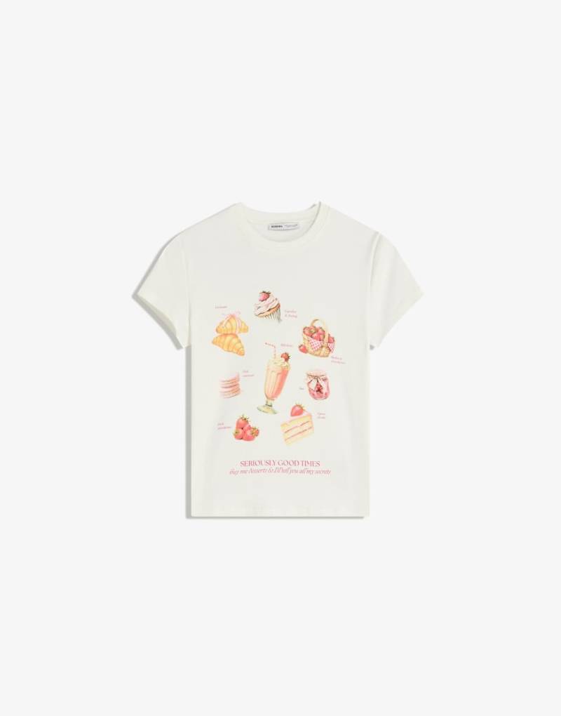 Bershka - Kurzärmliges T-Shirt in Weiß mit Print von Bershka