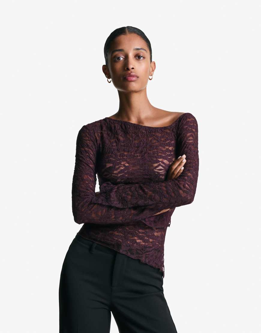 Bershka - Langärmliges Oberteil aus transparenter Spitze in Schwarz von Bershka