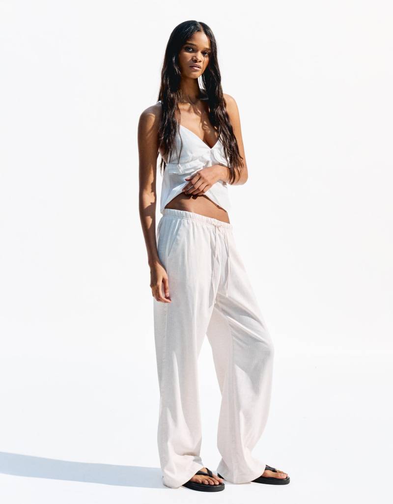 Bershka Leinenhose Mit Gummibund Damen L Sandfarbe von Bershka