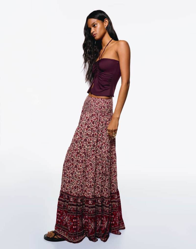 Bershka - Maxirock in Rosa mit Boho-Print von Bershka